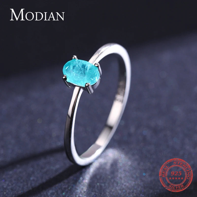 Modian 925 Sterling Silver Fashion Oval Finger Rings for Women Elegant Paraiba Tourmaline Engagement Wedding Statement Jewelry