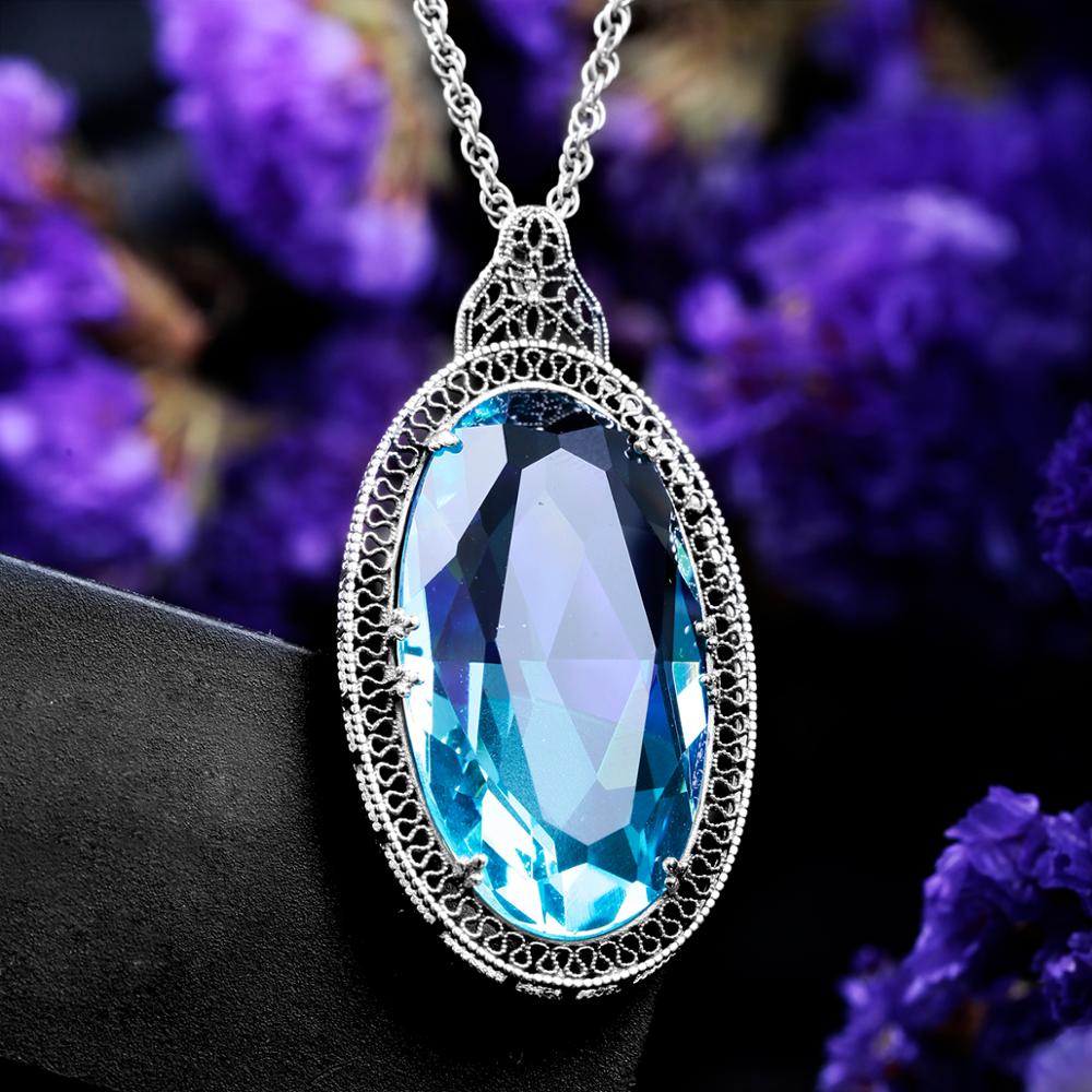 925 Sterling Silver Pendants For Women Vintage Oval Aquamarine Gemstone Pendant Necklace Gothic Style Fine Jewelry New