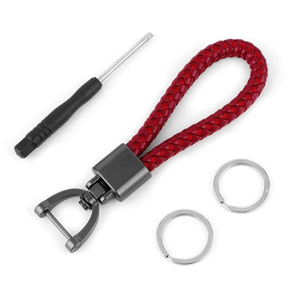 High-Grade Keychain for Men Women Rotatable Key Chain Luxury Hand Woven Leather Horseshoe Buckle Car Key Ring Holder Accessories Deep Red