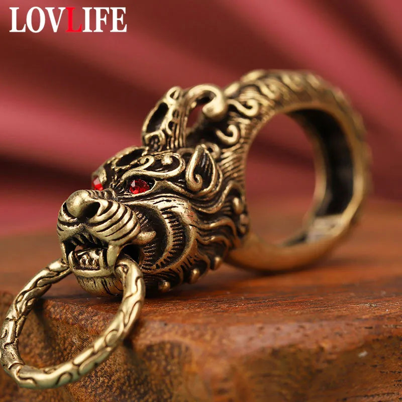 Retro Brass Lucky Keychain Red Eyes Beast Pixiu Head Key Holder DIY Car Keyring Accessories Luxury Brand EDC Carabiner Tool Gift