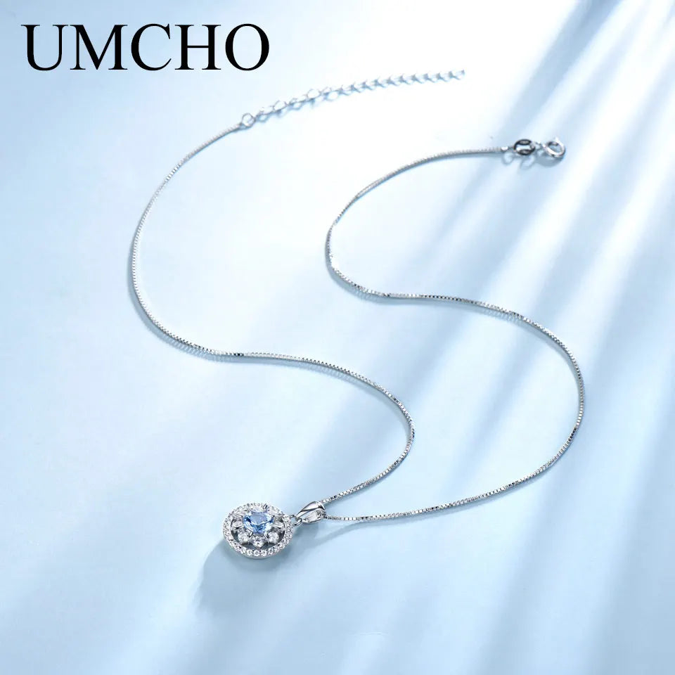 UMCHO 925 Sterling Silver Leaf Blue Pendant Necklace Gemstone For Girl Gift Women for Fine Jewelry