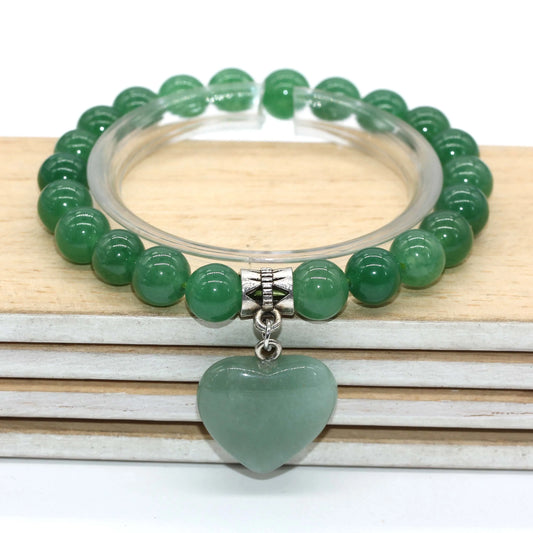 KFT Natural Round Loose Beads Stone Dangle Heart Bracelet Healing Crystal Quartz Reiki Stone Bracelets Jewelry for Women Men