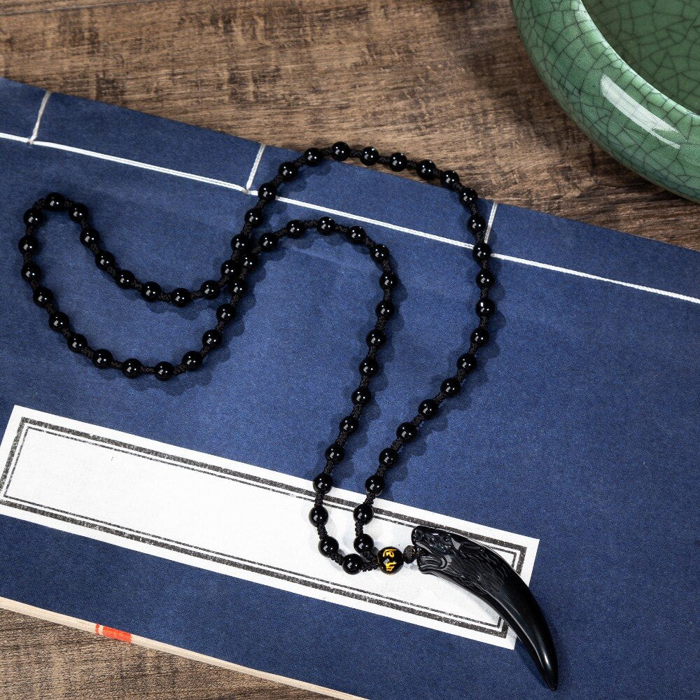 Nature Obsidian Wolf Tooth Pendant Necklaces Lucky Beaded Rope Couple Necklaces Black and Ice Obsidian Amulets Necklaces Jewelry