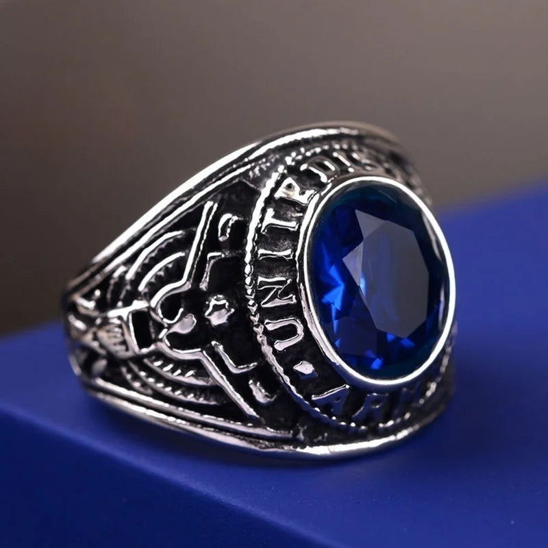 Vintage American Soldiers Eagle Totem Ring for Men Metal Crystal Inlaid Rings Bohemian Male Ring Gifts Accessories 2021 Jewelry Blue CHINA