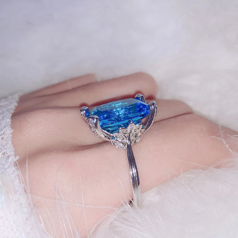 Cellacity Simple Luxury Geometry Sapphire Ring for Women Gorgeous Silver 925 Jewelry with Rectangular Gemstones Leaf Wedding