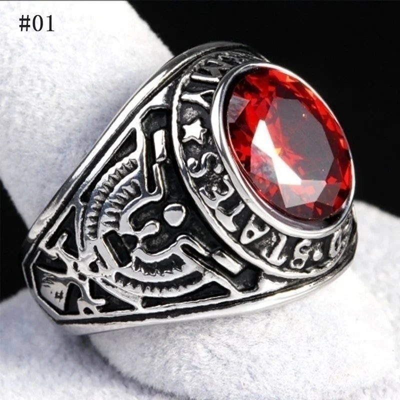 Vintage American Soldiers Eagle Totem Ring for Men Metal Crystal Inlaid Rings Bohemian Male Ring Gifts Accessories 2021 Jewelry Red CHINA