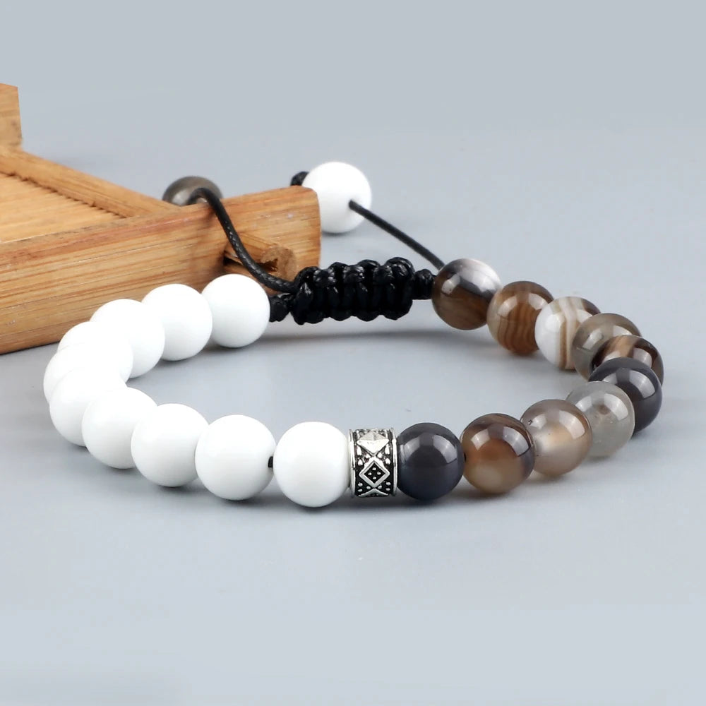Fashion Black White Beaded Bracelets For Men 8mm Natural White Howlite Stone Beads Bracelet Women Meditation Prayer Jewelry Gift