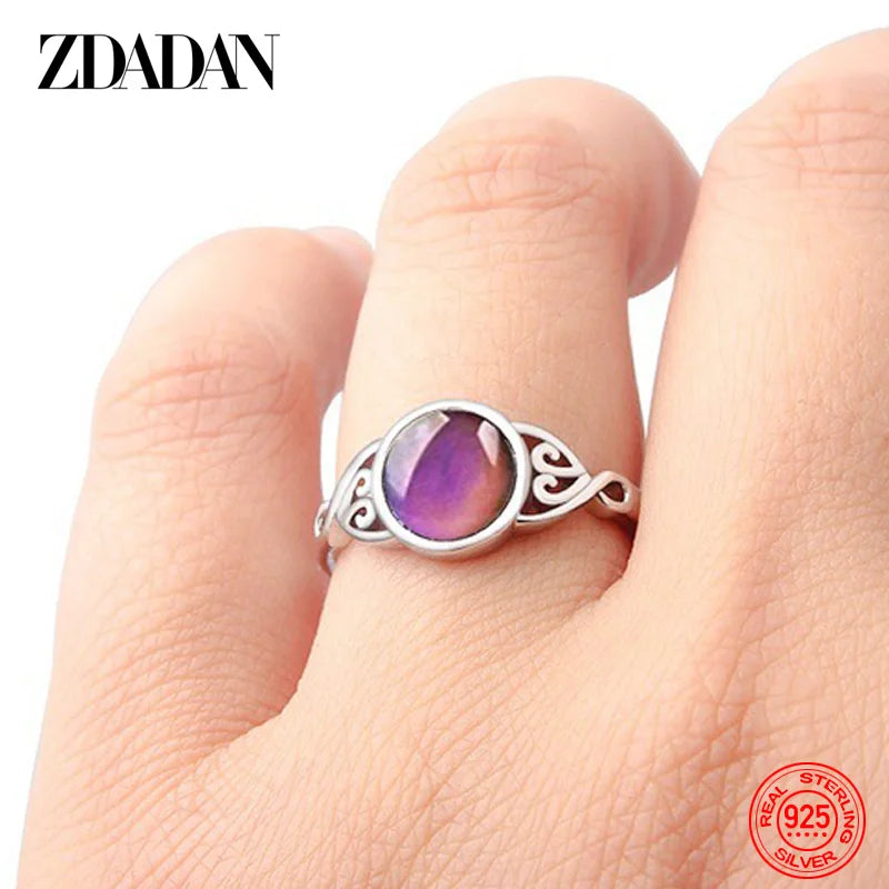 ZDADAN 925 Silver Oval Mood Temperature Change Ring For Women Charm Wedding Party Jewelry Gifts