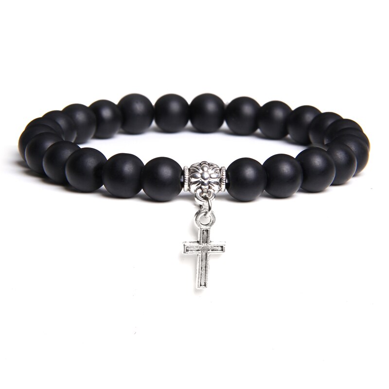Natural Black Onyx Beads Bracelet Fashion Volcanic Lava Beaded Religion Cross Pendant Charm Bracelet for Women Men Yoga Jewelry Type 13
