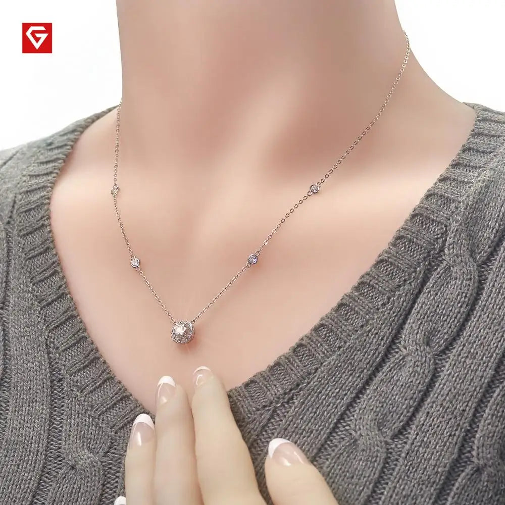 GIGAJEWE 1ct 6.5mm D Color Round 18K White Gold Plated 925 Silver Moissanite Pendant Necklace