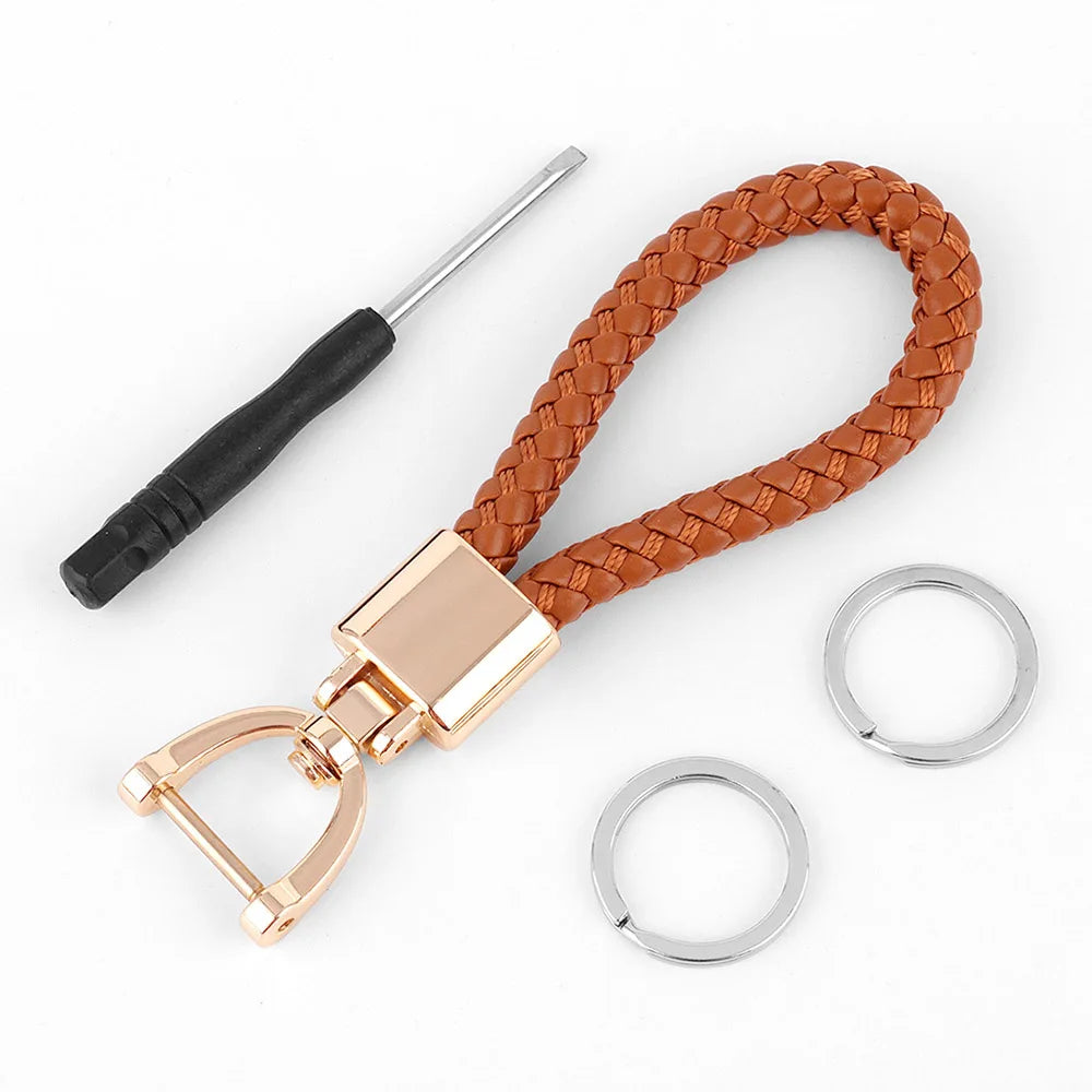 High-Grade Keychain for Men Women Rotatable Key Chain Luxury Hand Woven Leather Horseshoe Buckle Car Key Ring Holder Accessories Brown-G