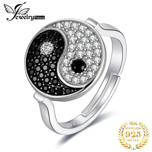 JewelryPalace Tai Chi Yin Yang 925 Sterling Silver Adjustable Ring Unique Genuine Black Spinel Statement Open Rings for Women Default Title