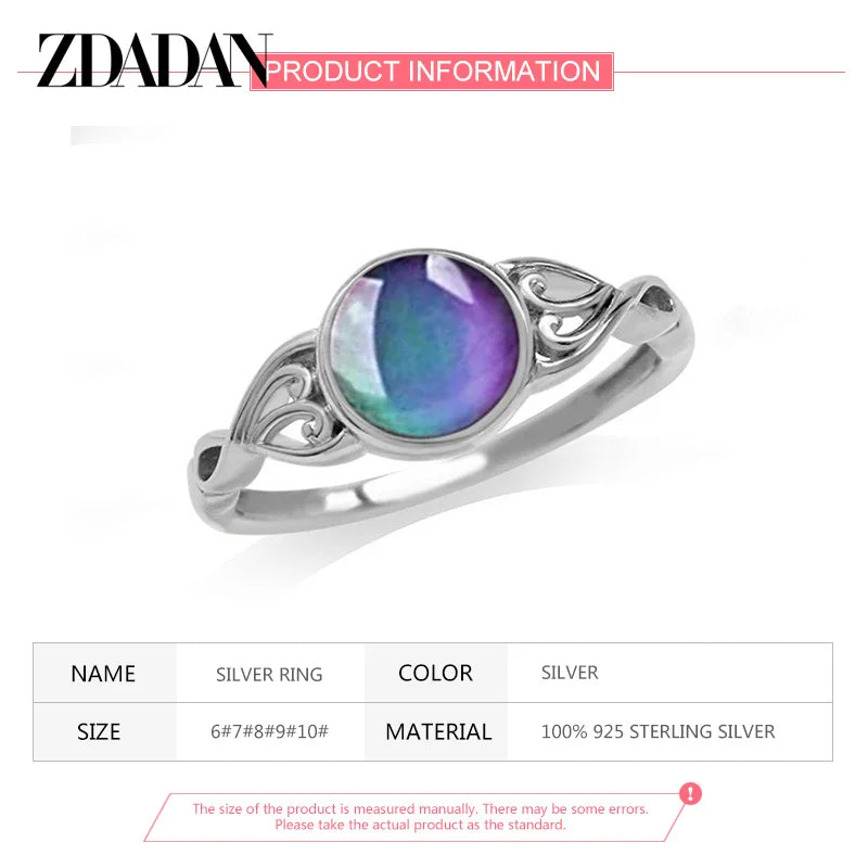 ZDADAN 925 Silver Oval Mood Temperature Change Ring For Women Charm Wedding Party Jewelry Gifts