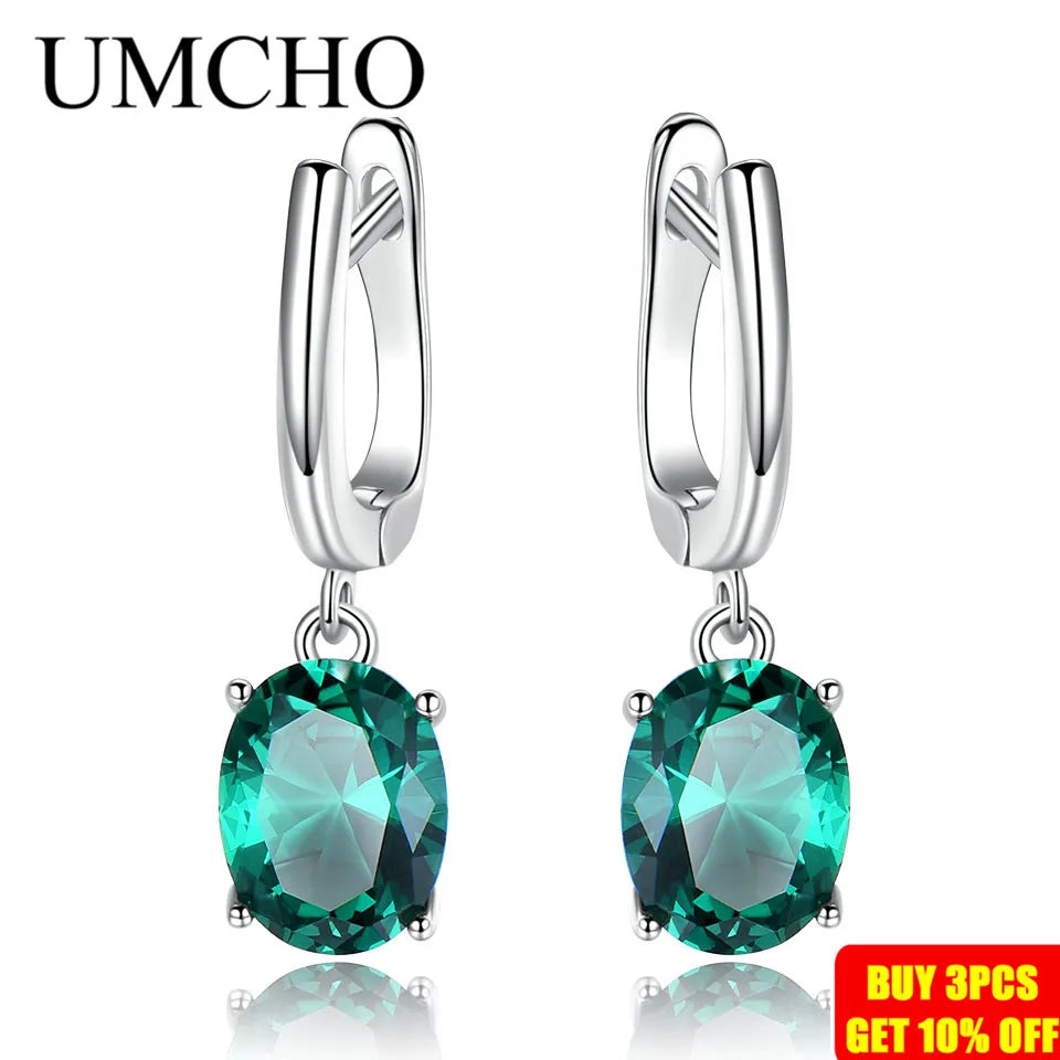 UMCHO Emerald Gemstone Long Clip Earrings for Women Genuine 925 Sterling Silver Korea Earrings Fashion Wedding Fine Jewelry Gift