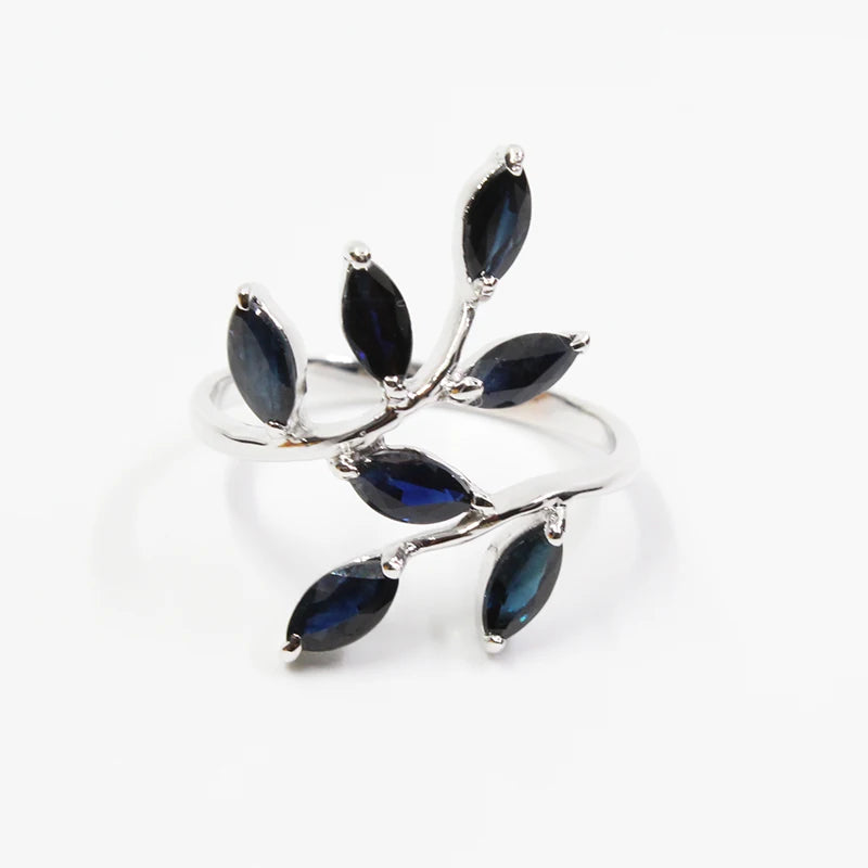 Classic Silver Leaf Ring 7 Pcs 3mm * 6mm Natural Dark Blue Sapphire Ring for Woman Real 925 Silver Sapphire Ring Romantic Gift