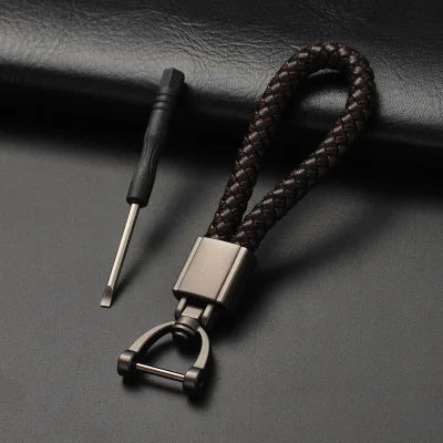 High-Grade Keychain for Men Women Rotatable Key Chain Luxury Hand Woven Leather Horseshoe Buckle Car Key Ring Holder Accessories Square Black-Coffee
