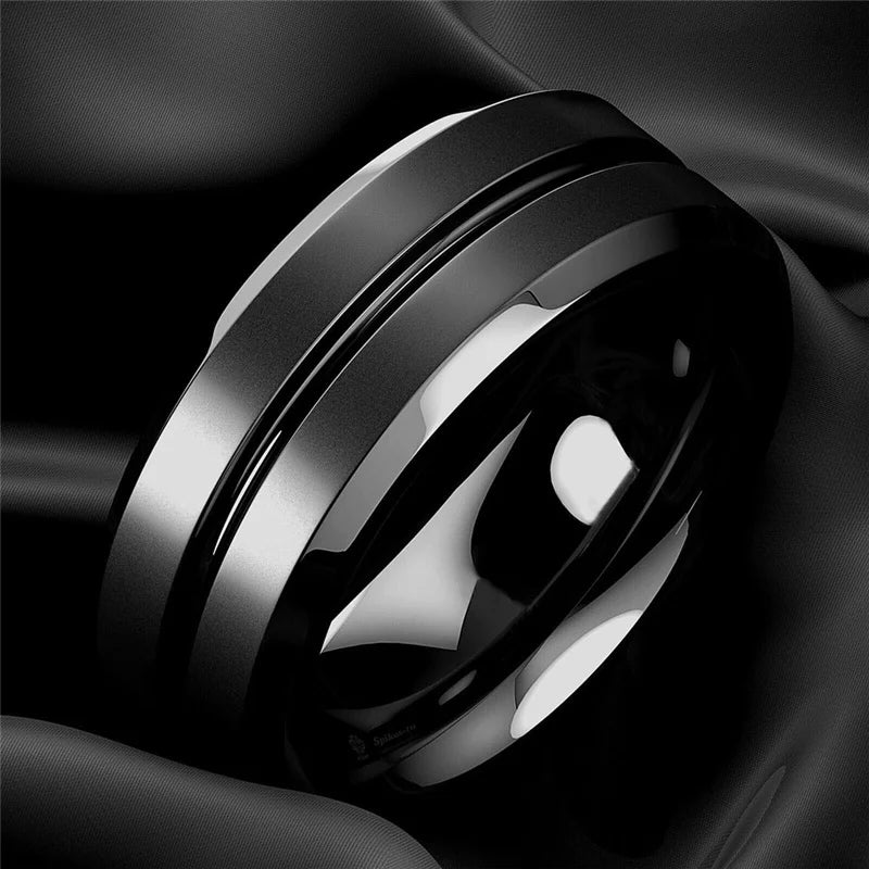 8mm Men Rings Jewelry Black Groove Matte Stainless Steel Wedding Engagement Party Gift Anniversary Rings Jewelry