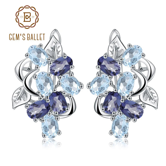 Gem's Ballet Multicolor Natural Sky Blue Topaz Mystic Quartz Stud Earrings 925 Sterling Silver Flower Earrings For Women
