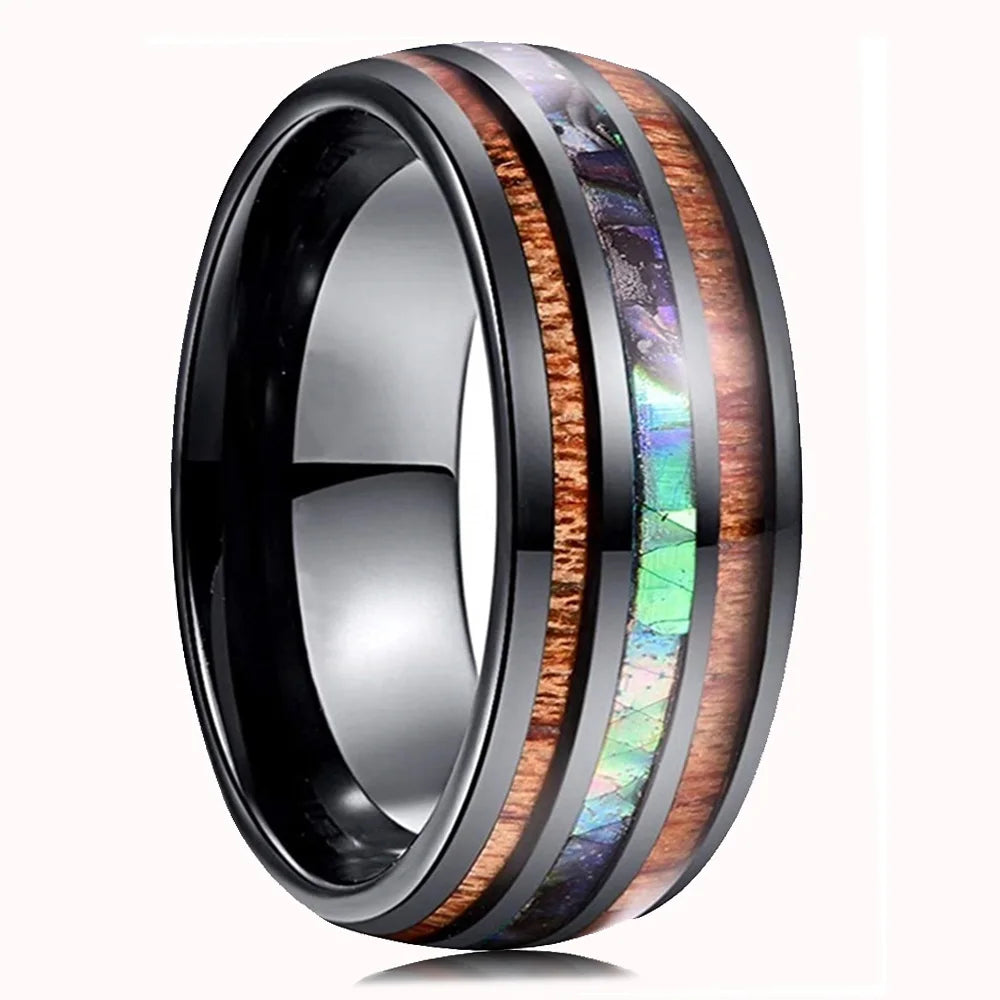 8mm Men's Rose Gold Color Stainless Steel Rings Hawaiian Koa Wood And Abalone Shell Opal Inlay Ring Men's Wedding Band Jewelry
