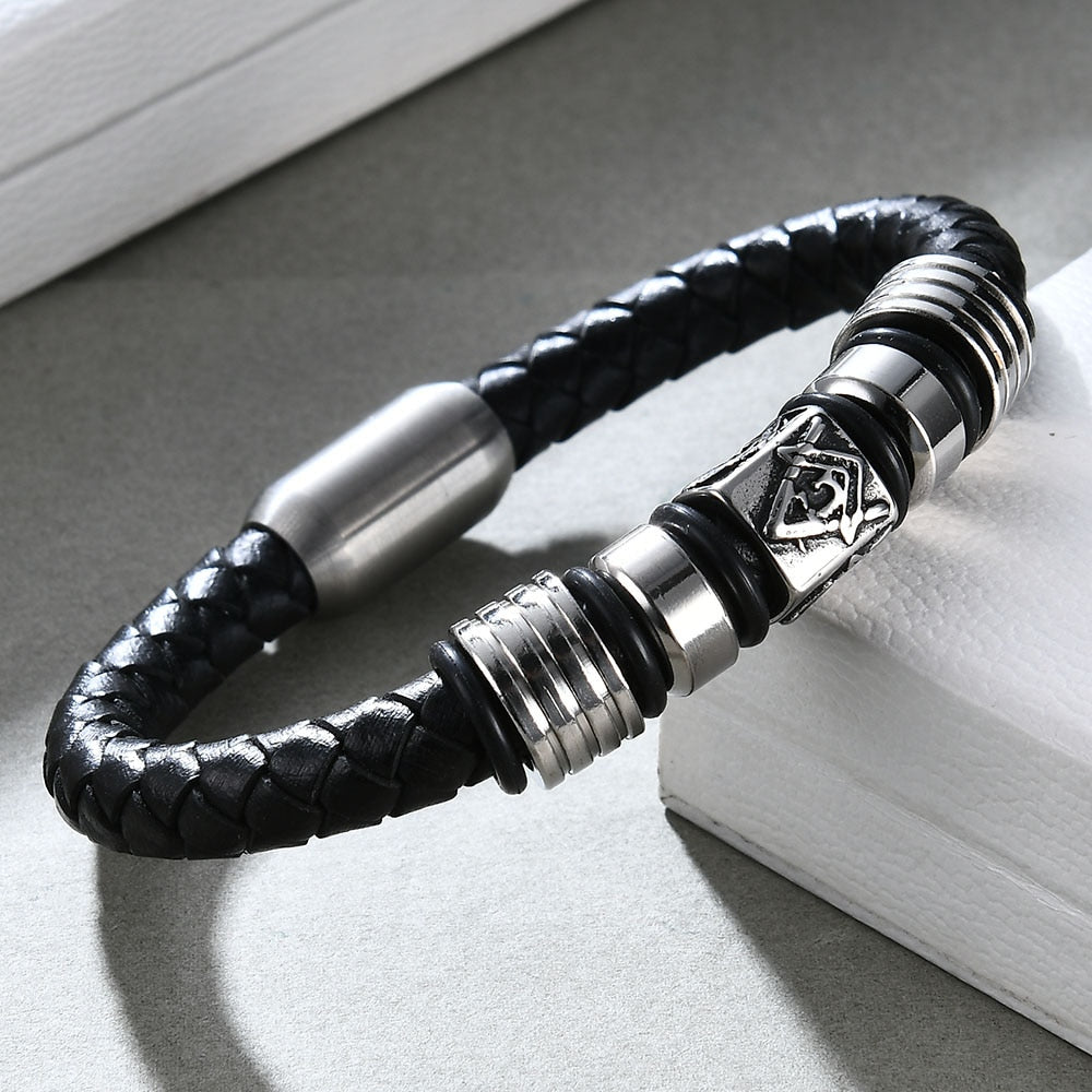 New Super Cool Men Magnetic Buckle Genuine Leather Bracelet Stainless Steel Masonic Bracelets Men Jewelry