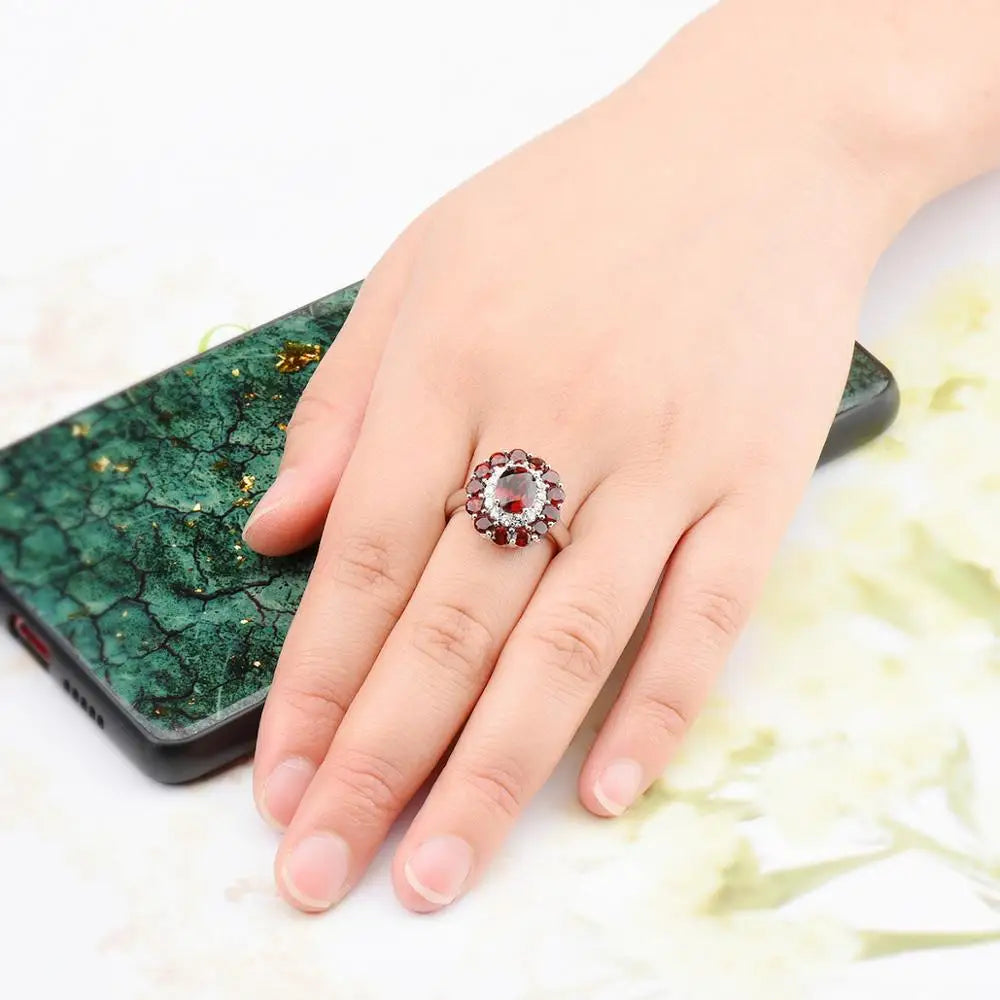 Hutang Natural Mozambique Garnet 925 Silver Ring Red Gemstone Solid 925 Sterling Silver Vintage Rings Fine Elegant Women Jewelry