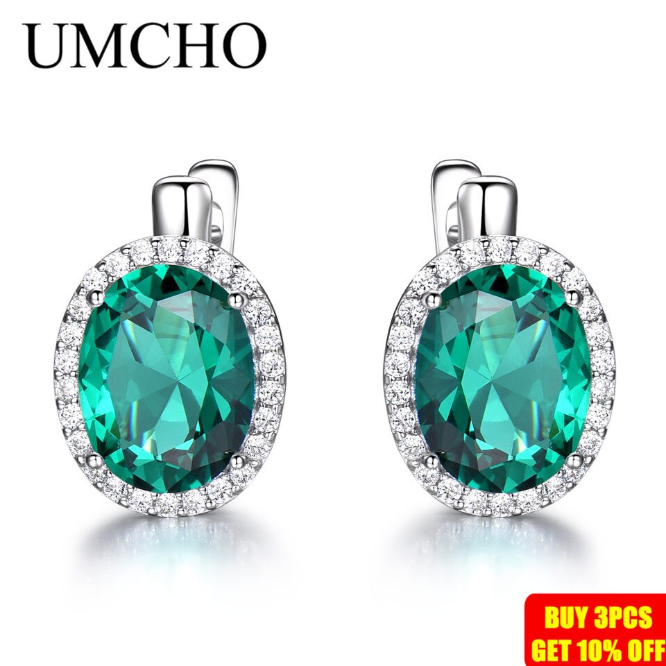 UMCHO Emerald Gemstone Clip Earrings For Women Genuine 925 Sterling Silver Earrings Wedding Anniversary Fashion Jewelry Gift New