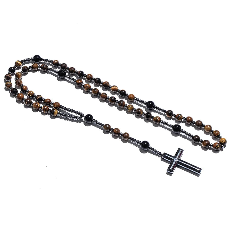 Natural Yellow Tiger Eyes Black Agate Beaded Catholic Christ Cross Pendant Necklace Men and Women Rosary Meditation Jewelry