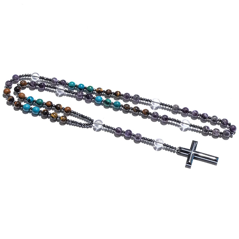 Natural Tiger Eye Amethyst Catholic Christian Rosary Men and Women Necklace Hematite Cross Pendant Meditation Yoga Mala Jewelry