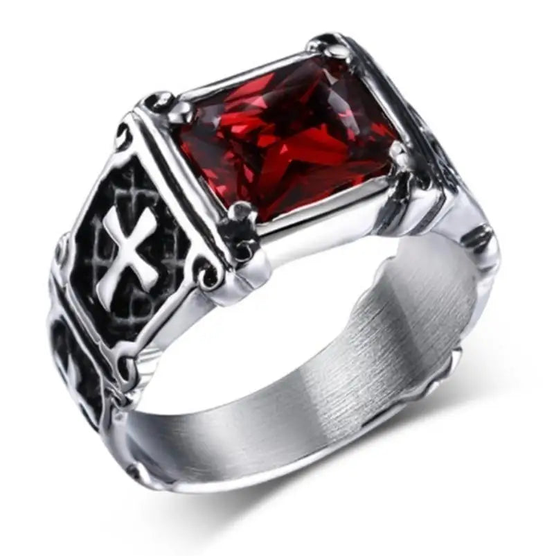 Fashion Personality Templar Knight Red Shield Cross Ring for Men High Quality Metal Ring Trend Jewelry A409-Red