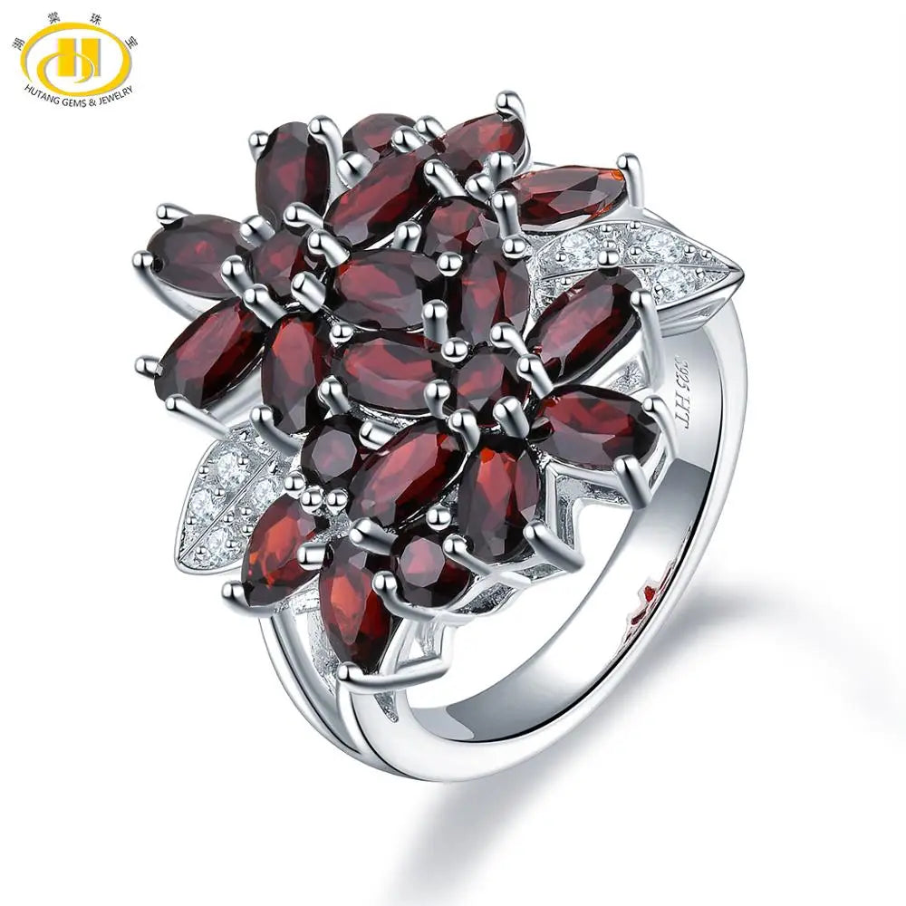 Hutang 5.26ct Cluster Garnet Women's Ring Solid 925 Sterling Silver Natural Red Gemstone Rings Fine Elegant Jewelry for Gift