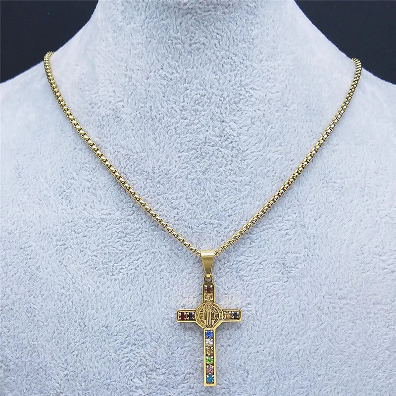 Catholic Jesus Cross Stainless Steel Necklace Saint Benedict Crystal Virgin Mary Pendant Crucifix Male Necklaces Jewelry Cruz