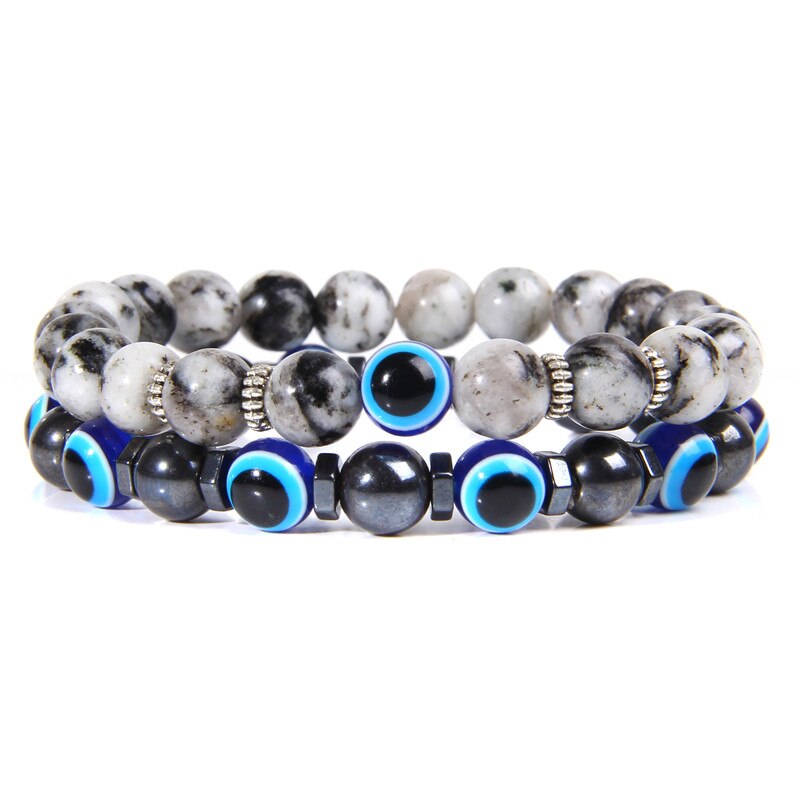 2 Pcs Combined Bracelets For Men Natural Polished Royal Blue Tiger Eye Stone Beads Bracelet For Couples Women Evil Eye Pulsera stone 19cm