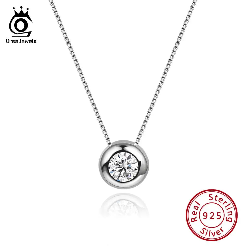 ORSA JEWELS Real 925 Silver Woman Round Pendants Necklaces Sterling Silver AAAA CZ Clavicle Chain Necklace Female Jewelry SN136 SN136