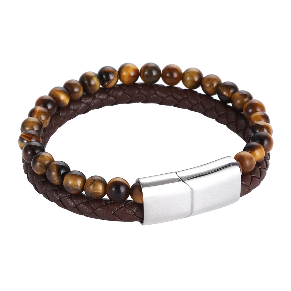 Men Yellow Tiger Eye Bracelet Many Styles Stainless Steel Magnetic Clasp Brown Genuine Leather Wrist Jewelry Handsome Boy Gifts Silver