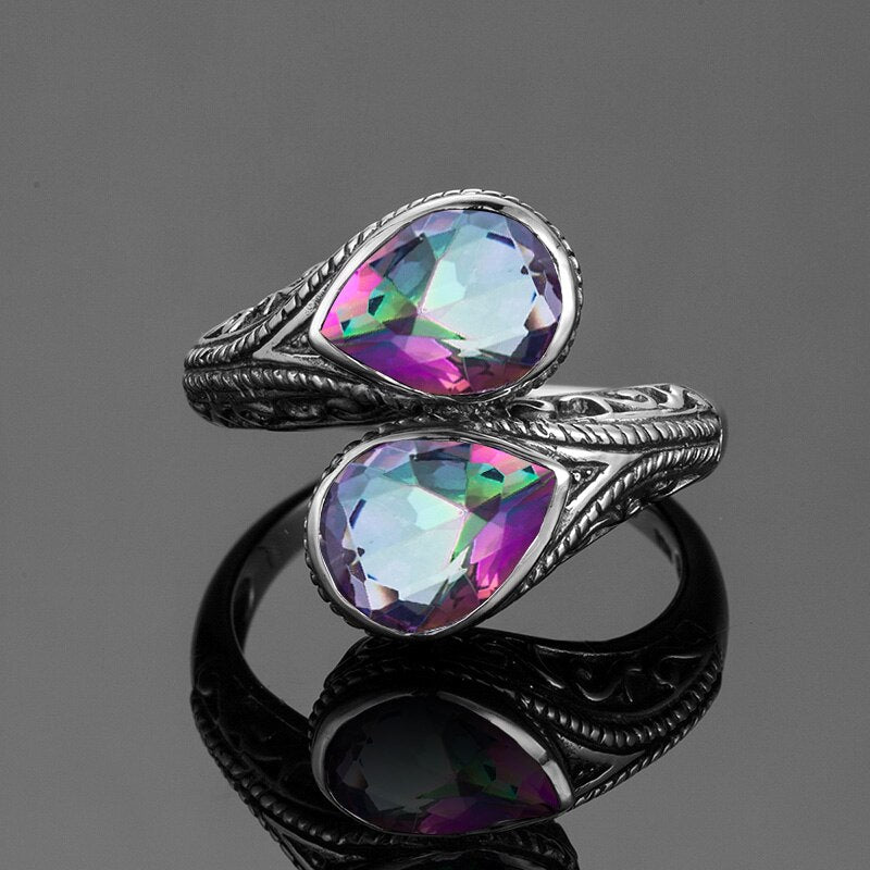Woman Rings Rainbow Mystic Topaz Stone Eye of God Real 925 Silver Ring Female Dating Party Fine Jewelry