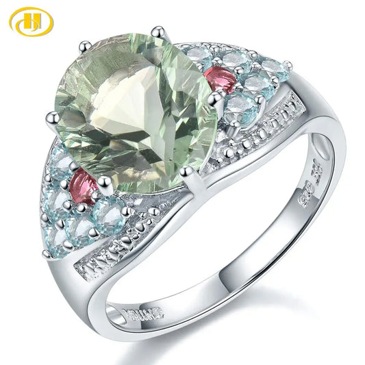 Hutang Green Fluorite 925 Silver Ring Real Gems Tourmaline Apatite Solid 925 Sterling Silver Engagement Rings Fine Jewelry