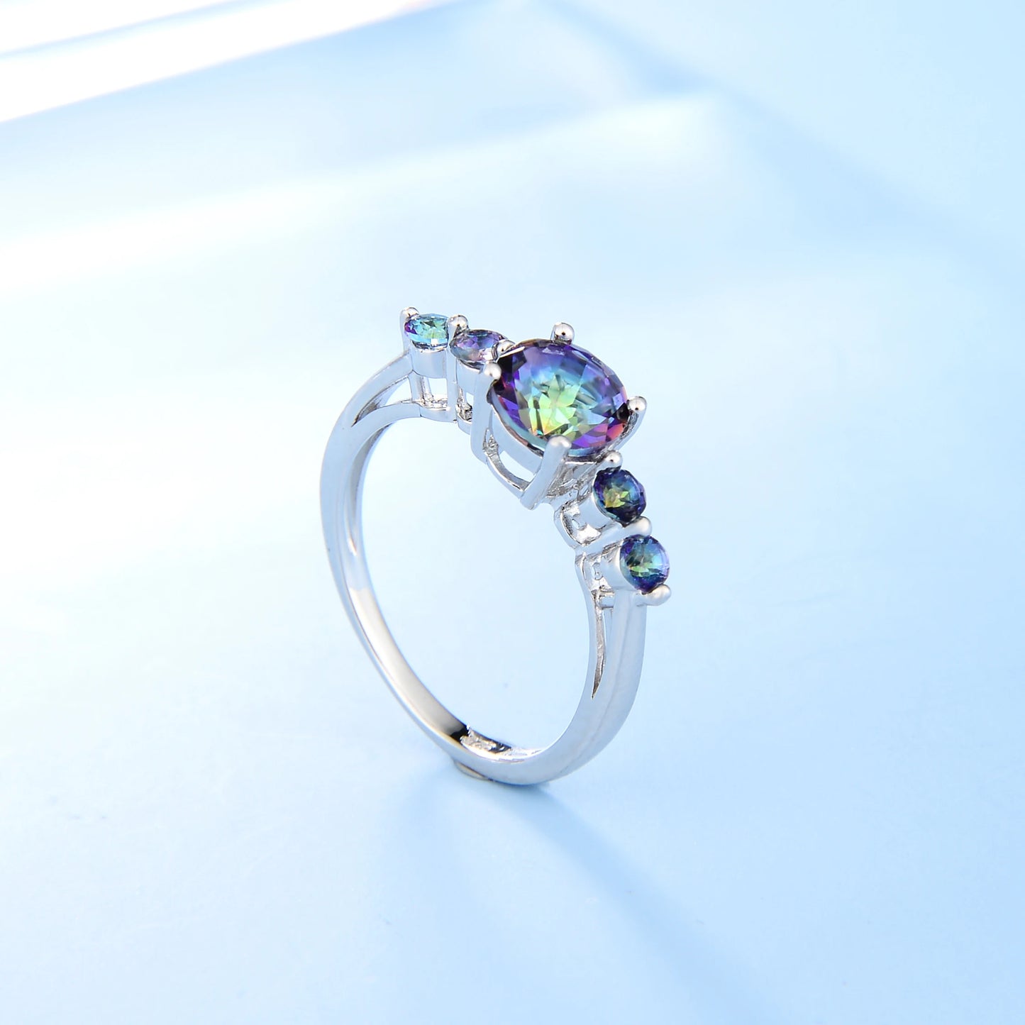 GEM'S BALLET 925 Sterling Silver Ring Natural Mystic Topaz Three Stone Birthstone Wedding Band Rings For Women Fine Jewelry