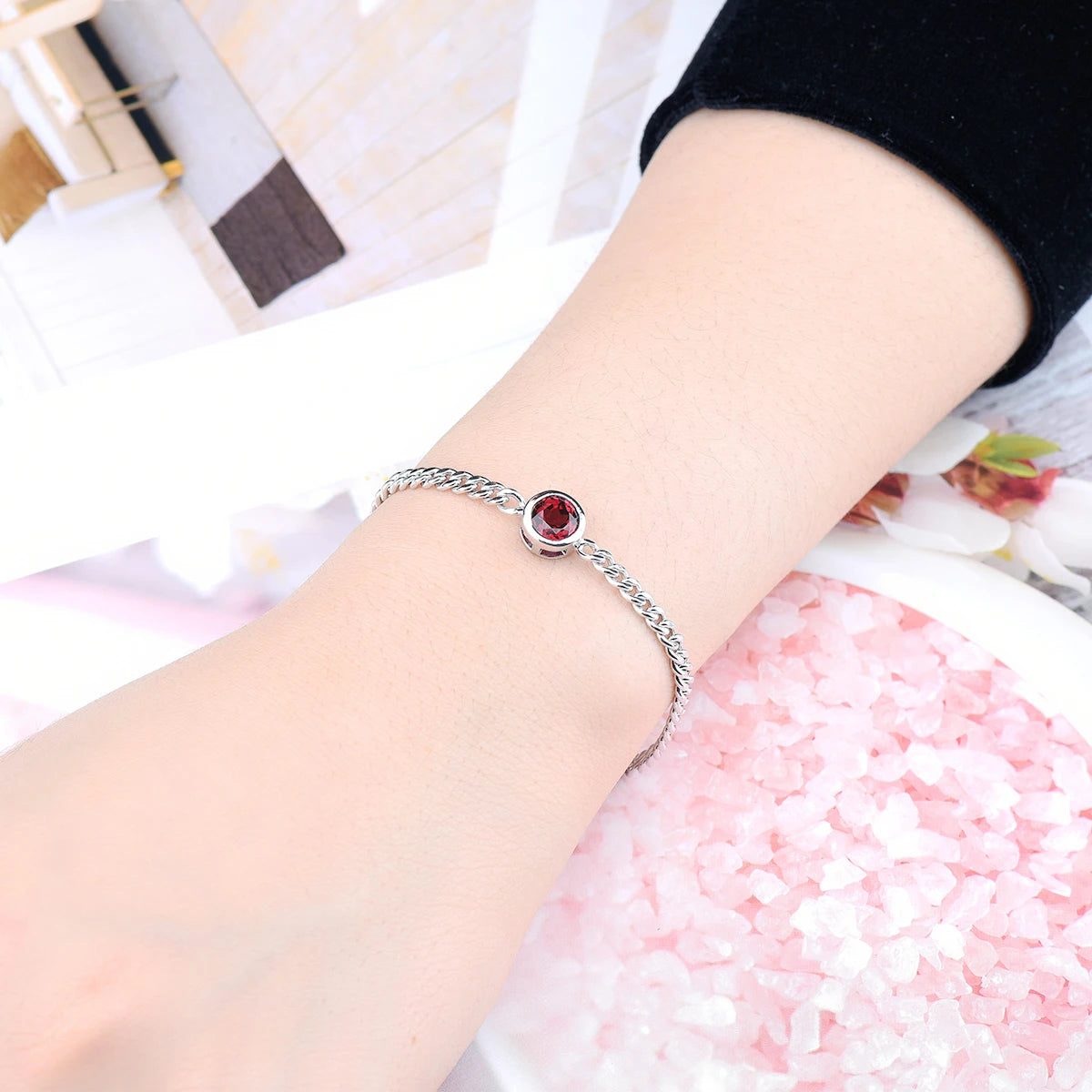 Natural Rhodolite Garnet Solid Silver S925 Bracelet 1.5 Carats Round Faced Cut Genuine Garnet Simple Classic Style Birthday Gift