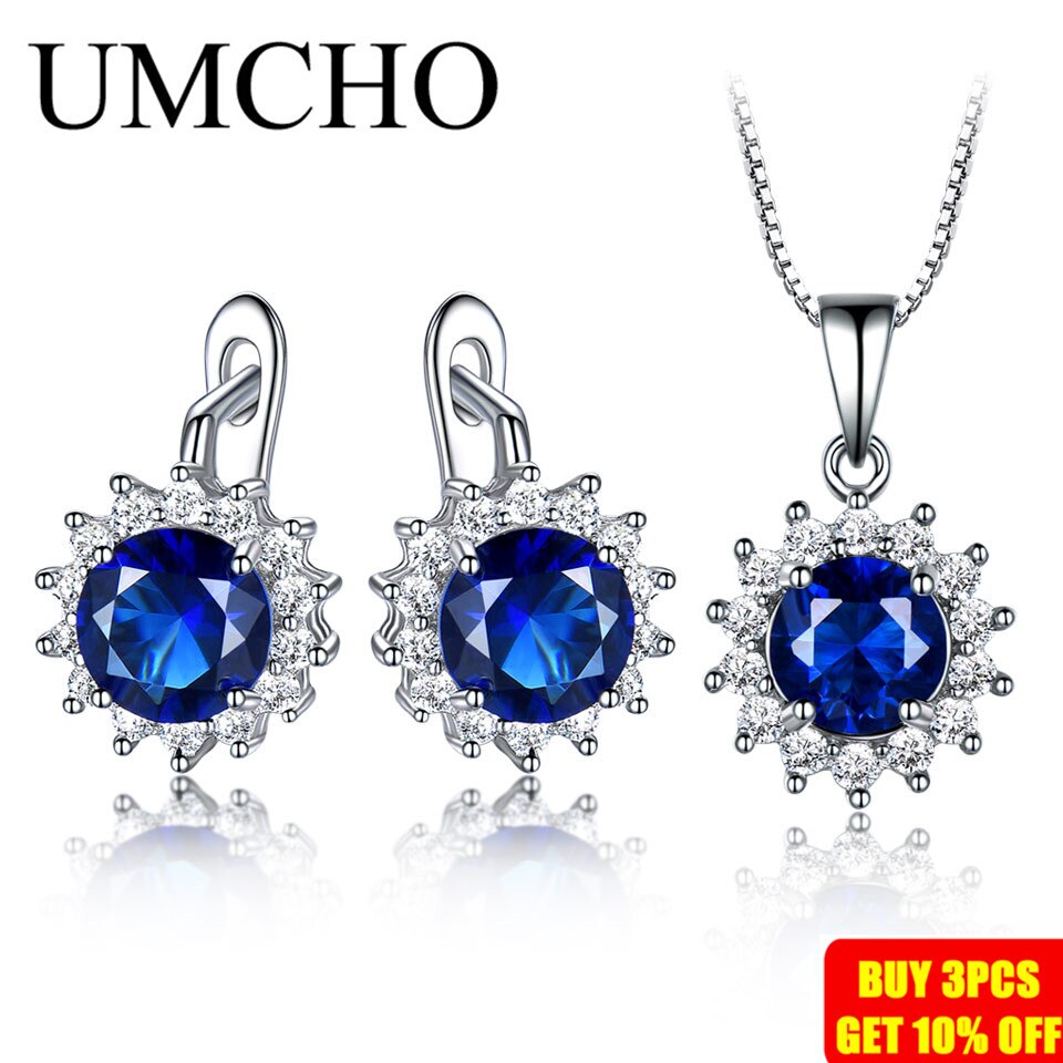 UMCHO 925 Sterling Silver Jewelry Sets for Women Blue Sapphire Gemstone Pendant Necklace Clip Earrings Wedding Fine Jewelry New