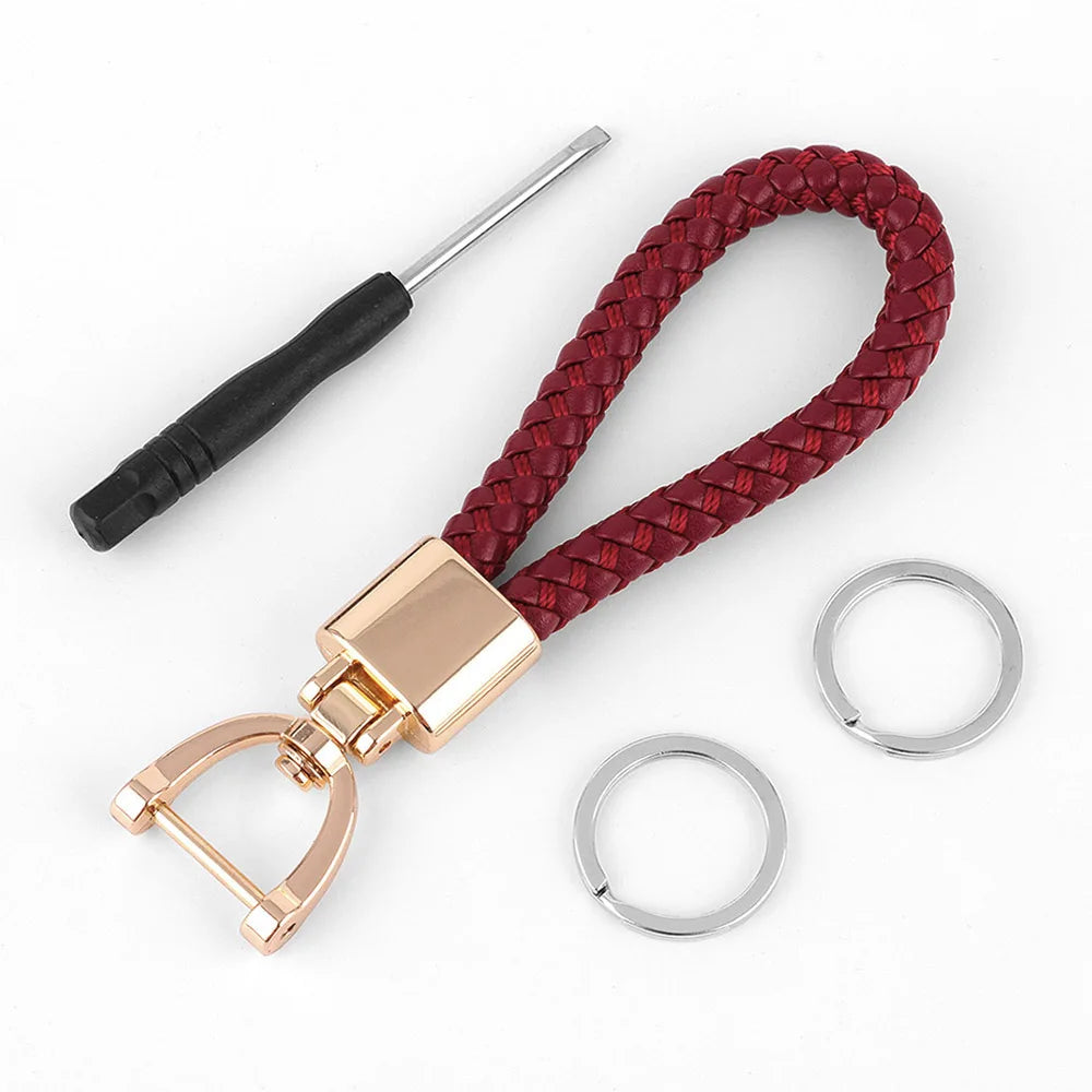 High-Grade Keychain for Men Women Rotatable Key Chain Luxury Hand Woven Leather Horseshoe Buckle Car Key Ring Holder Accessories Deep red -G