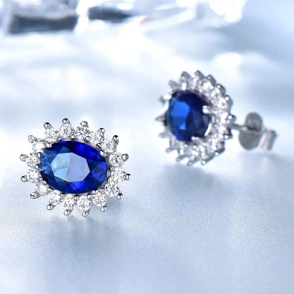 UMCHO Luxury Genuine 925 Sterling Silver Earrings for Women Blue Sapphire Diana Wedding Party Jewelry Romantic Gift Fine Jewelry