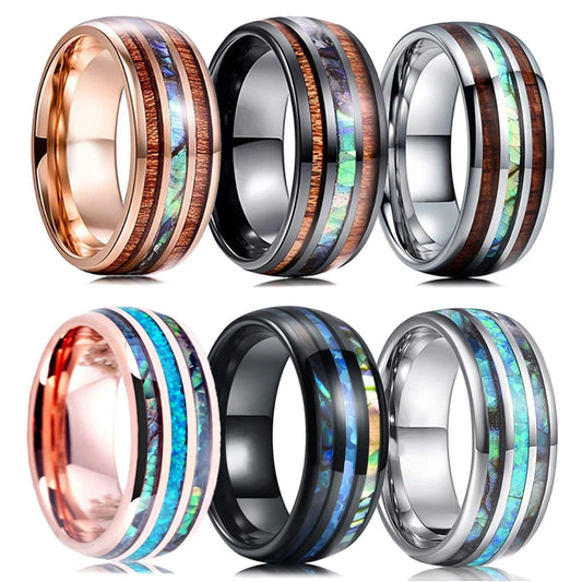 8mm Men's Rose Gold Color Stainless Steel Rings Hawaiian Koa Wood And Abalone Shell Opal Inlay Ring Men's Wedding Band Jewelry