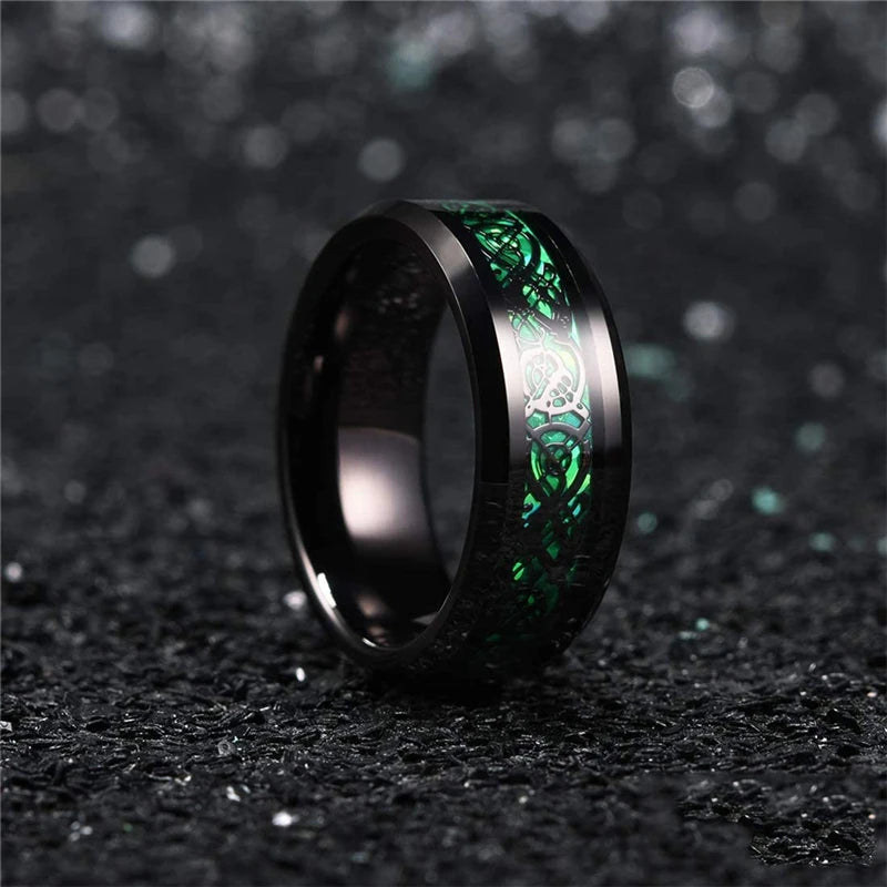 21 Colors 8mm Men's Stainless Steel Celtic Dragon Ring Inlay Red Green Black Carbon Fiber Ring Wedding Band Jewelry Size 6-13