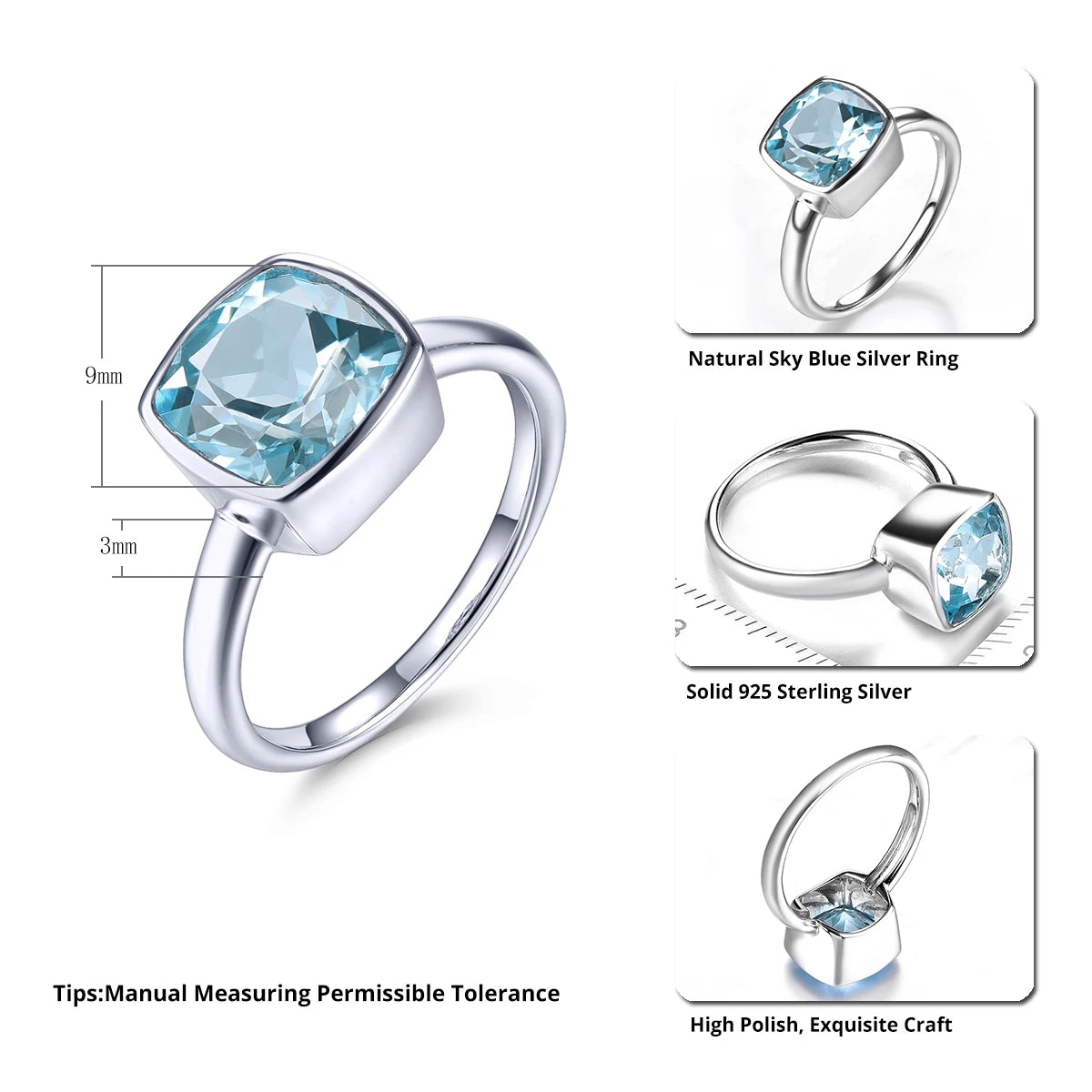 Natural Sky Blue Topaz Sterling Silver Rings 2.7 Carats Genuine Topaz Simple Classic Style Usual Occasions S925 Top Quality