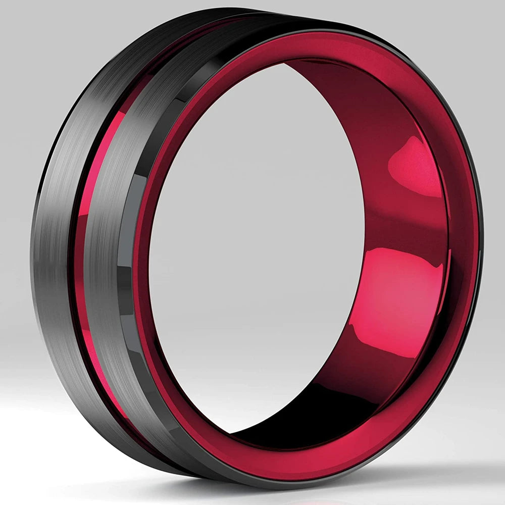 Fashion 8MM Men's Stainless Steel Rings Blue Red Colorful Groove Beveled Edge Wedding Engagement Ring Men's Anniversary Jewelry