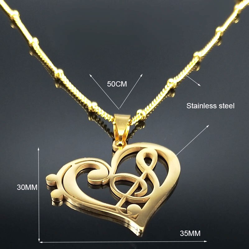 Fashion Music Note Heart of Treble and Bass Clef Stainless Steel Necklace Women/Men Gold Color Necklaces Jewelry colgantes N1147