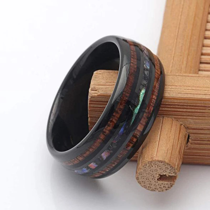 2025 Trendy 8mm Black Titanium Wedding Stainless Steel Rings For Men Inlay Colorful Abalone Shell Ring Men Wedding Band Jewelry