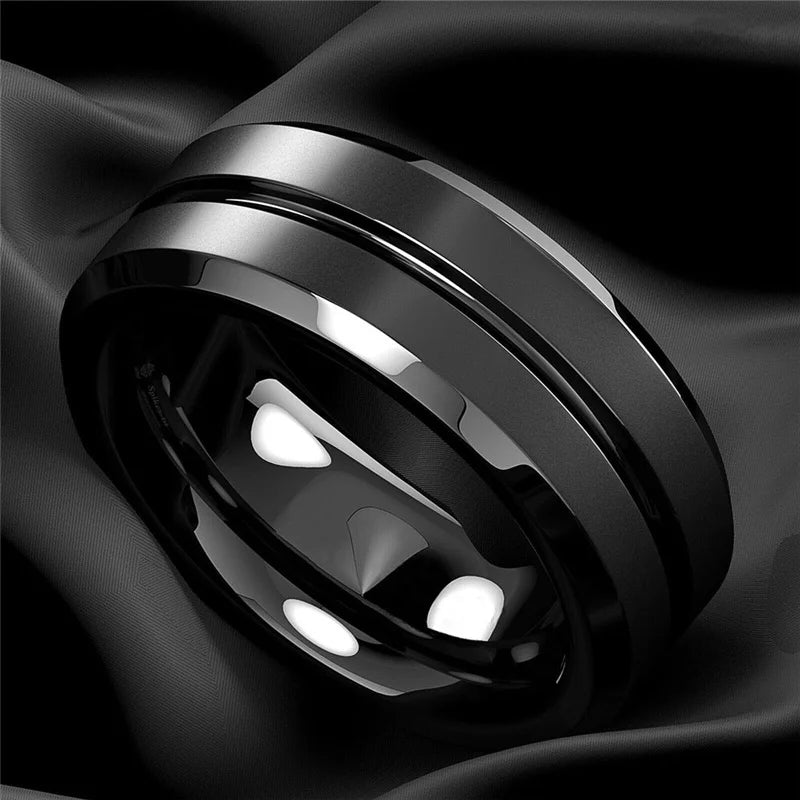8mm Men Rings Jewelry Black Groove Matte Stainless Steel Wedding Engagement Party Gift Anniversary Rings Jewelry
