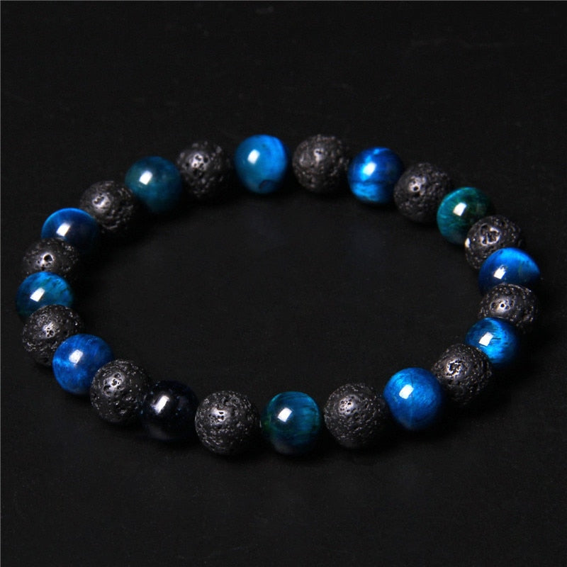 Newst Men Bracelet Black Lava Healing Balance Beads Reiki Buddha Prayer Natural Tiger Eye Stone Bracelet for Women Men Jewelry Royal Blue