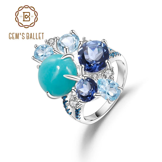 GEM'S BALLET 925 Sterling Silver Statement Rings Natural Amazonyte Blue Topaz Gemstone Candy Ring for Women Fine Jewelry CHINA